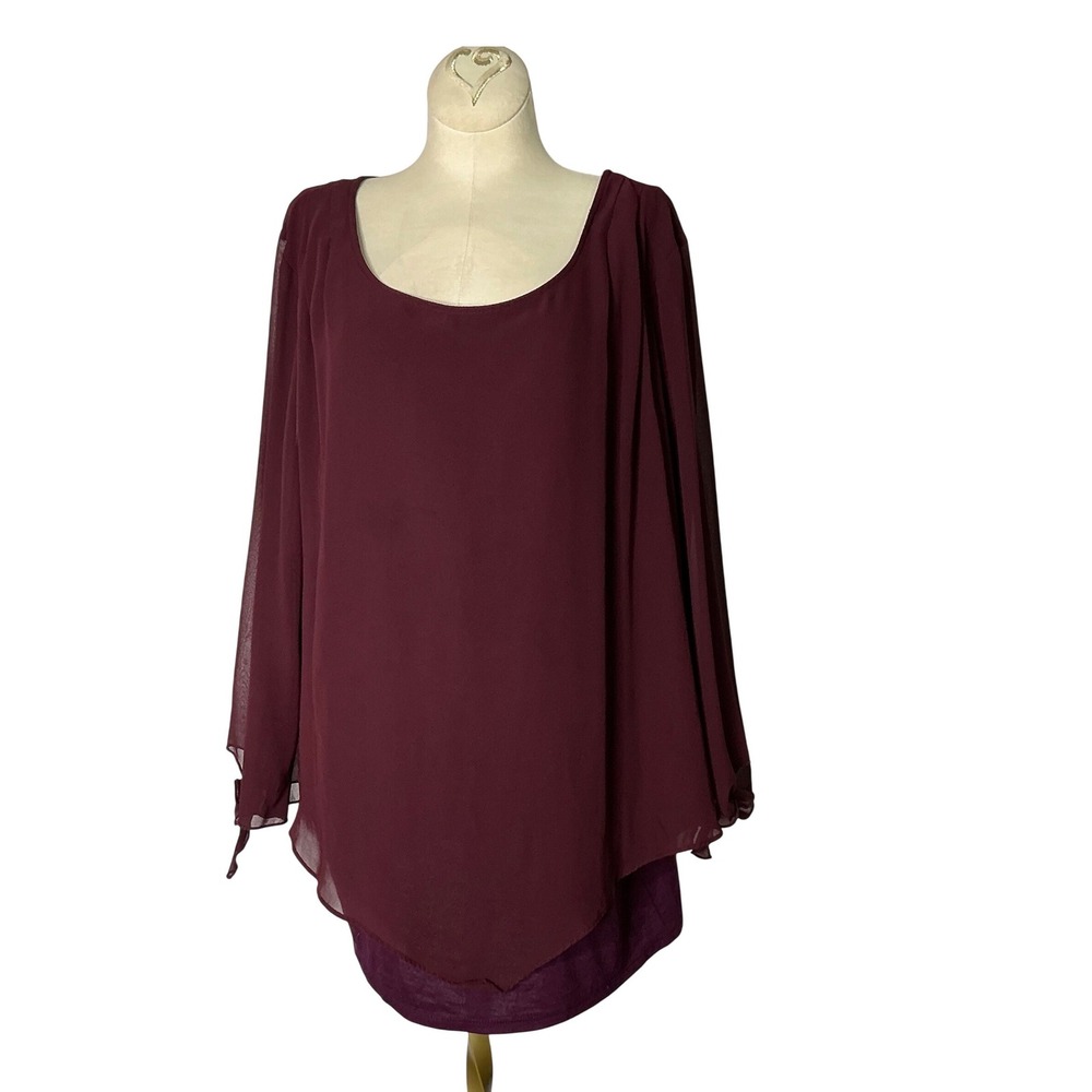 AGB Woman Retro Boho Burgundy Layered Chiffon Handkerchief Hem Blouse 1X 349115M